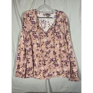 Como Vintage Floral Print Long Sleeve V Neck Tassel Boho Blouse XL